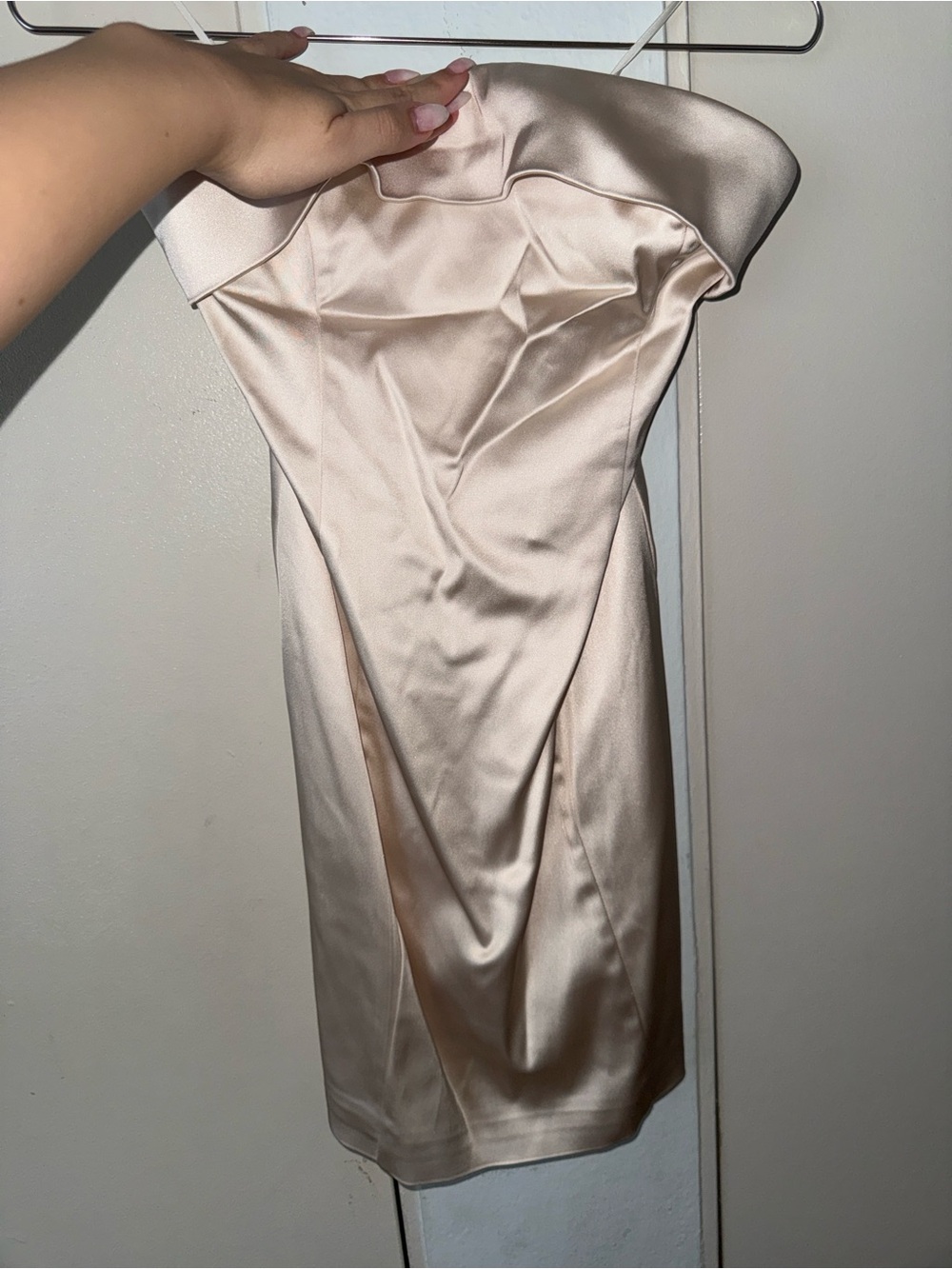 Aritzia Strapless Satin Mini Dress in Champagne Blush